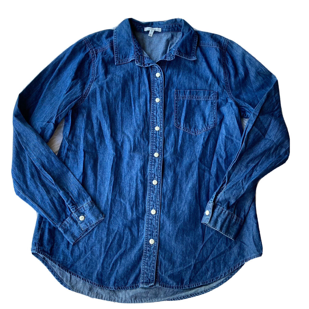 Maurices Womens Sz M Top Chambray Button Front Long Sleeve Pocket Blue Casual